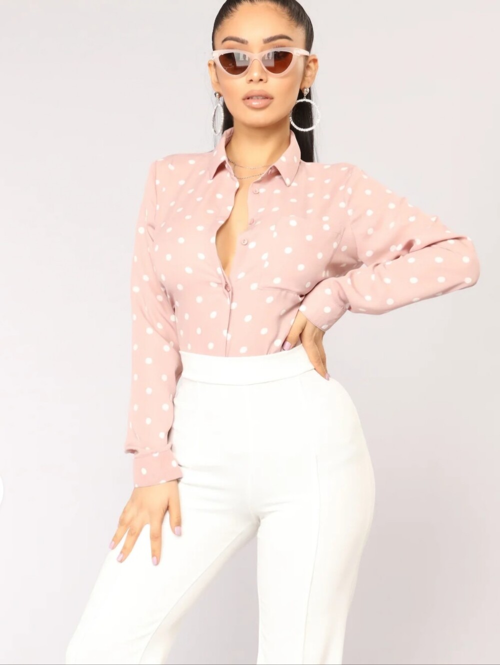 Fashion Nova Mauve Polka Dot Callared Button Down Women's Top Size Medium